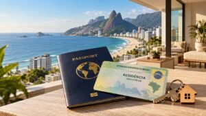Brazilian investor residency card and house keys overlooking a beachfront property in Rio de Janeiro, Brazil.